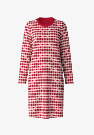 Robe rouge avec un motif de grille composé de carrés blancs et de petits motifs en forme de cœur, fabriquée en tissu doux, avec des manches longues et un col rond.