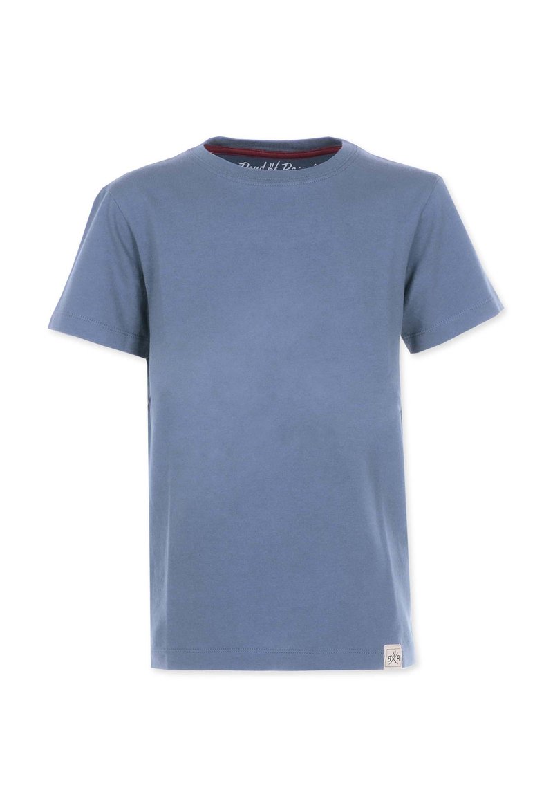 Kortærmet t-shirt i lyseblåt bomuld. Rund hals med en kontrasterende rød inderside. Har et lille logo mærke ved kanten.