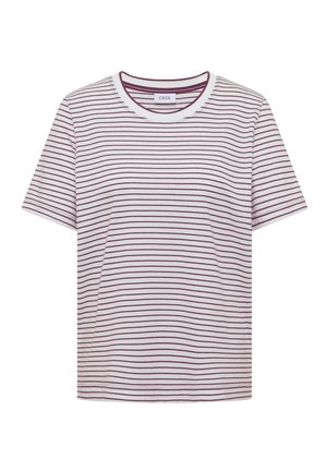 T-shirt blanc à manches courtes avec de fines rayures horizontales bordeaux et un col rond.