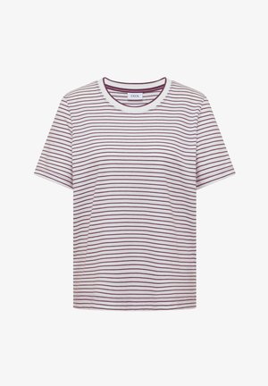 Biała koszulka z krótkim rękawem z cienkimi poziomymi bordowymi paskami i okrągłym dekoltem.