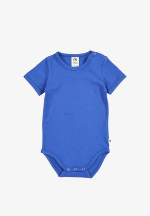 Modrý kojenecký body s krátkým rukávem, se zapínáním na druky na rameni a mezi nožičkami pro snadné oblékání, vyrobený z měkké látky.
