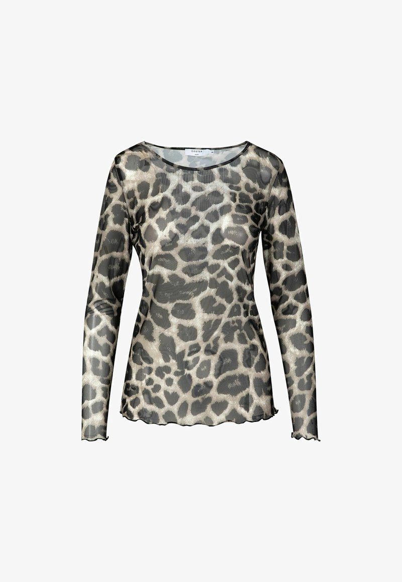 Przezroczysta bluzka z długim rękawem w beżowo-szary wzór w panterkę. Posiada okrągły dekolt i falbankowany dół, wykonana z lekkiego, teksturowanego materiału.