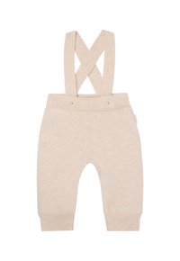 Beige gebreide overall met kruislingse schouderbanden, geribbelde taille en manchetten, met een subtiele stippenstructuur over de gehele stof.