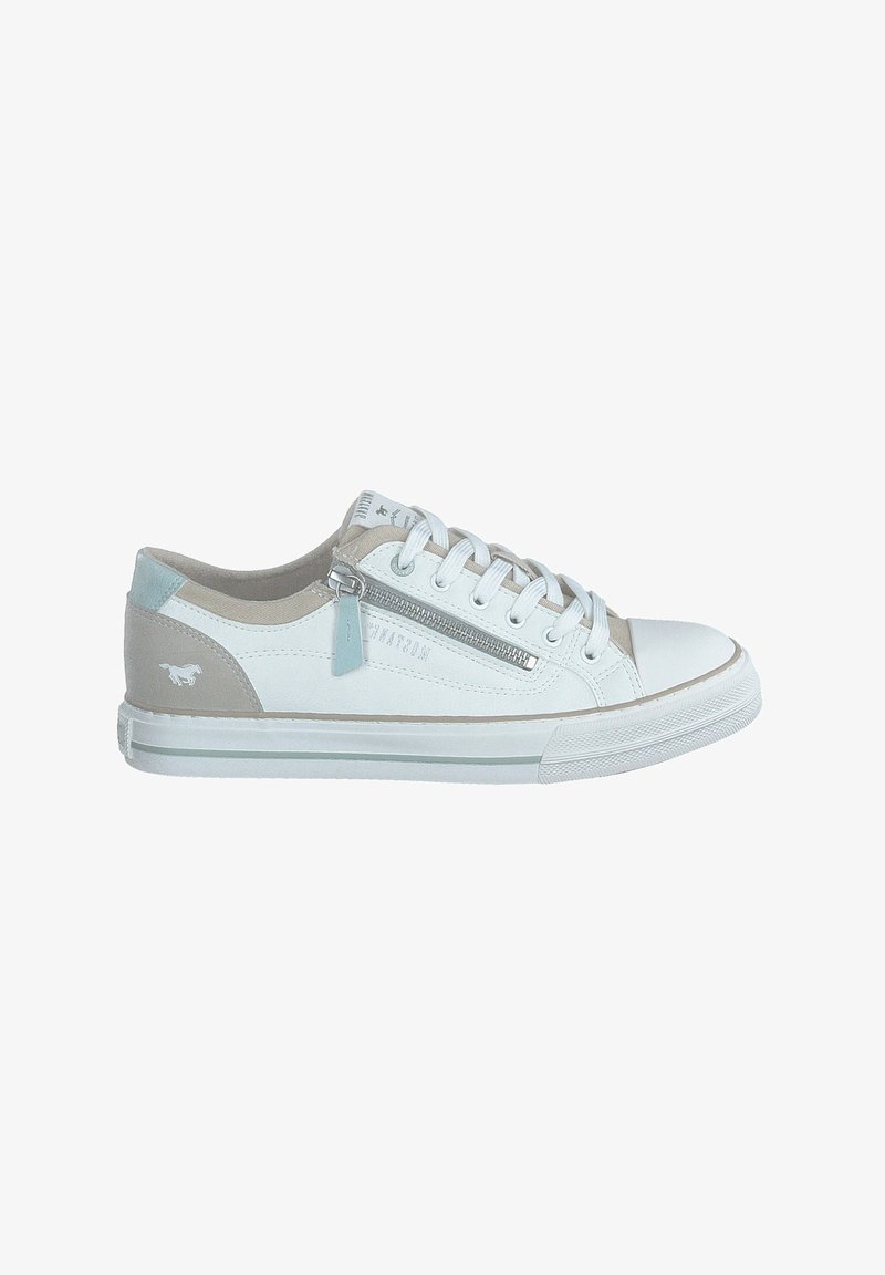 Sneakers in pelle bianca con accenti grigio chiaro e blu, design con lacci, suola in gomma e una zip decorativa sul lato.