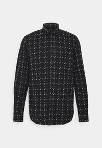 Czarna koszula zapinana na guziki z małym, białym wzorem geometrycznym. Długie rękawy, ostre kołnierz i prosty krój. Miękka tekstura materiału.