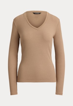 Lauren Ralph Lauren, RIB KNIT LONG SLEEVE V-NECK TOP - Svetrík - camel