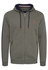 Gray zip-up hoodie made of cotton blend, featuring navy side panels, drawstrings with orange tips, and a small logo on the chest.