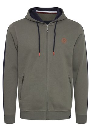 Grijze ritssluiting hoodie gemaakt van een katoenmix, met marineblauwe zijpanelen, koordjes met oranje punten en een klein logo op de borst.