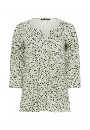 Hellgrüne Bluse mit langen Ärmeln, kleinem schwarzen und weißen Blumenmuster, rundem Ausschnitt und vier Knöpfen vorne.