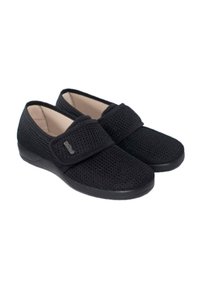 Zapatos de malla negros con un upper transpirable, que cuentan con una correa de gancho y lazo, plantilla acolchada y suela flexible negra.