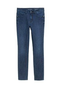 Jeans de mezclilla azul oscuro con un ajuste slim, cinco bolsillos y una cinturilla estándar. Presentan costuras sutiles y un solo botón de metal.