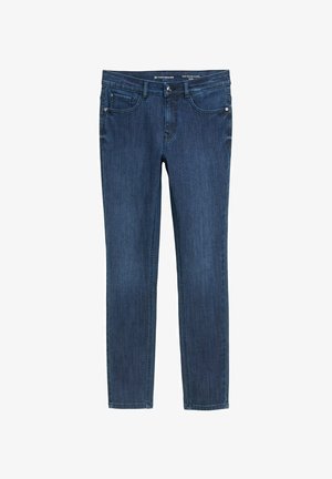 Dunkelblaue Denim-Jeans mit slim fit, fünf Taschen und einem Standardbund. Merkmale sind dezente Nähte und ein einzelner Metallknopf.