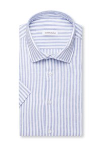 Chemise à manches courtes boutonnée pliée avec rayures verticales bleues et blanches et col classique.
