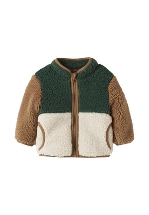 Veste polaire enfant avec manches marron, partie haute avant vert foncé, partie basse avant blanche, et fermeture éclair à l'avant.