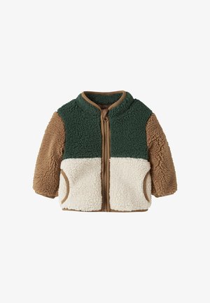 Børne fleecetrøje med brune ærmer, mørkegrønt øverste frontpanel, hvid nederste frontpanel og lynlåslukning foran.