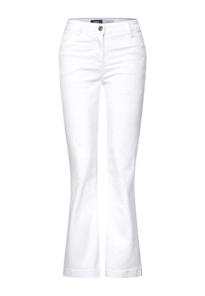 Weiße, ausgestellte Jeans aus Baumwollmischgewebe, mit einem Frontknopfverschluss, zwei seitlichen Taschen und einer glatten, strukturierten Oberfläche.