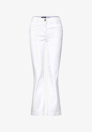 White flared jeans made from cotton blend fabric, featuring a front button closure, two side pockets, and a smooth, textured finish.