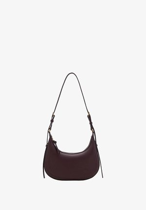 Dark burgundy leather shoulder bag with a curved silhouette, adjustable strap, gold hardware accents, and smooth texture.