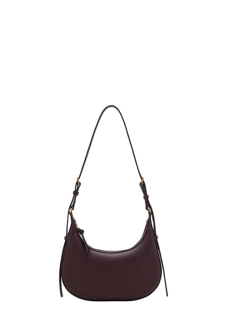 Dark burgundy leather shoulder bag with a curved silhouette, adjustable strap, gold hardware accents, and smooth texture.