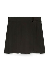 Falda negra con pliegues y cinturilla, que cuenta con una hebilla plateada y un lazo lateral. Confeccionada en una tela suave con un diseño estructurado.