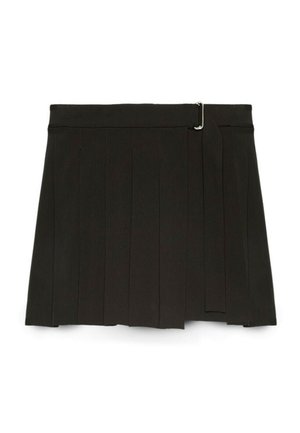 Gonna nera plissettata con fascia in vita, caratterizzata da una fibbia argentata e un nastro laterale. Realizzata in tessuto liscio con un design strutturato.