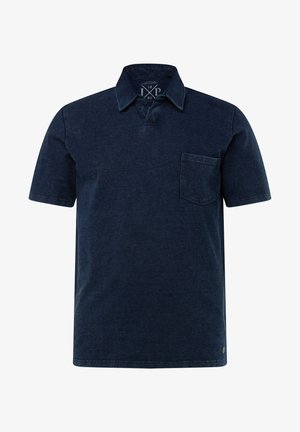 Granatowa bawełniana koszulka polo z krótkim kołnierzykiem, krótkimi rękawami i kieszonką na lewej piersi. Gładka tekstura z delikatnym haftem.