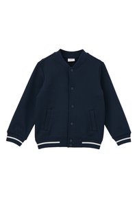 Giacca varsity blu navy realizzata in tessuto morbido, caratterizzata da un colletto a coste, bottoni a scatto frontali e dettagli a strisce bianche su polsini e orlo.