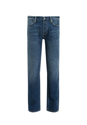 Jeans in denim blu con taglio dritto, caratterizzati da una leggera sfumatura, un classico design a cinque tasche e una chiusura con bottone metallico.