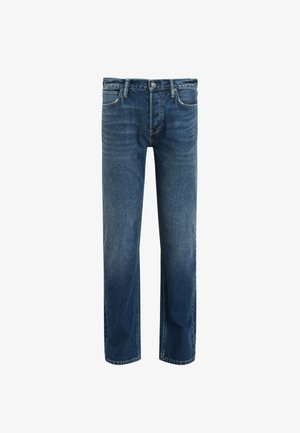 Jeans de mezclilla azul con corte recto, que presentan un ligero desgaste, diseño clásico de cinco bolsillos y cierre de botón metálico.