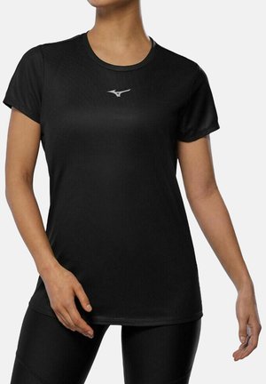Black athletic t-shirt made from moisture-wicking fabric, featuring short sleeves, round neckline, and a reflective logo on the chest.