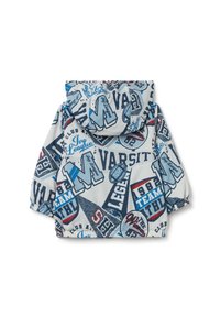 Hooded jacket with a lightweight design, featuring a blue, red, and black graphic pattern on a white background. Elastic cuffs and hem.