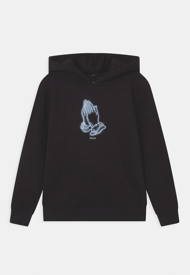 Sweat à capuche noir en mélange de coton, avec un graphisme de mains en position de prière entourées d'un contour bleu clair et le mot "PRAY" en dessous.
