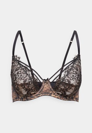 Soutien-gorge avec dentelle et motif léopard. Noir avec des accents beiges, doté de fines bretelles ajustables et d'une texture douce.