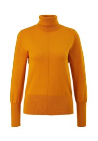 Orange turtleneck sweater with long sleeves, ribbed collar and bottom hem. Made from a soft, textured material with a seamless front design.