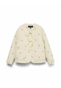 Gequilted crèmekleurige jas met geborduurd bladpatroon, sluiting met voorstrik, ronde halslijn en twee zakken. Zachte textuur, ontspannen ontwerp.