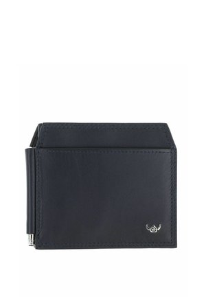 Portefeuille en cuir noir avec pince à billets en métal sur le côté et petit emblème logo argenté dans le coin inférieur droit.