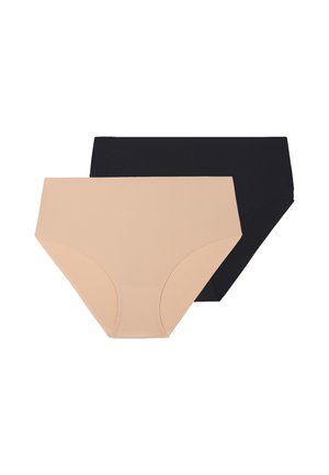 Zwei nahtlose Damenunterhosen in Beige und Schwarz, flach liegend mit dem beigen Paar vorne dargestellt.