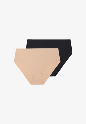 Two seamless women's underwear briefs in beige and black, shown flat with the beige pair in front.