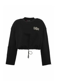 Zwarte cropped sweatshirt met lange mouwen, ribbelkraag, trekkoordzoom en logo-detail op de voorkant. Voorzien van een extra zak op de mouw.