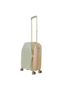 Gold hard-shell suitcase with a geometric design, retractable handle, and four dual spinner wheels. Features embossed "ELLE" logo.