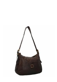 Borsa a spalla in pelle marrone con accentuazione quadrata borchiata, tracolla regolabile, texture morbida e design morbido.