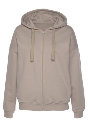 Beige Zip-Up-Hoodie mit Kordelzugkapuze, gerippten Ärmelbündchen und Saum, weichem Stoffgefühl und einem kleinen Logodetail am linken Ärmels.