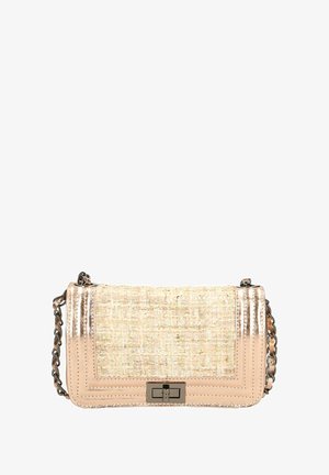 Beige woven handbag with metallic accents, chain strap, and rectangular shape. Features textured surface and a clasp closure.