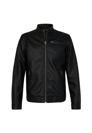Black leather jacket with a stand-up collar, front zipper, and two side pockets. Features a horizontal zip pocket on the chest.