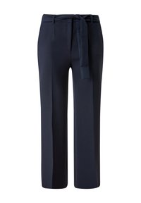 Marineblauwe broek met een recht ontwerp, stoffen riem en riemlussen. Voorzien van zijzakken en een gladde textuur.