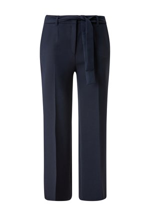 Marineblauwe broek met een recht ontwerp, stoffen riem en riemlussen. Voorzien van zijzakken en een gladde textuur.