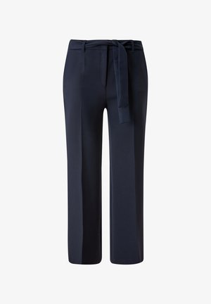 Marineblauwe broek met een recht ontwerp, stoffen riem en riemlussen. Voorzien van zijzakken en een gladde textuur.