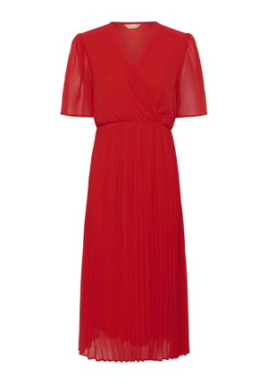 Robe midi rouge avec décolleté en V, manches courtes bouffantes en voile transparent, taille cintrée et jupe plissée.