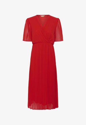 Vestito midi rosso con scollo a V, maniche corte a palloncino in tessuto trasparente, vita aderente e gonna plissettata.