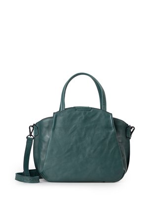 Borsa a tracolla in pelle teal con forma arrotondata, doppi manici superiori e tracolla rimovibile. Texture liscia e branding discreto sul frontale.